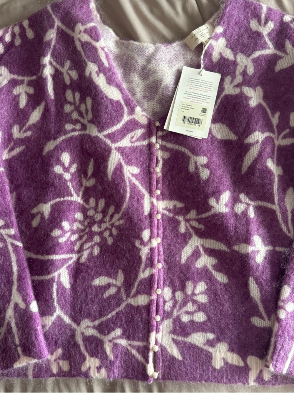 Sezane Purple and Cream Floral Button-Front Cardigan